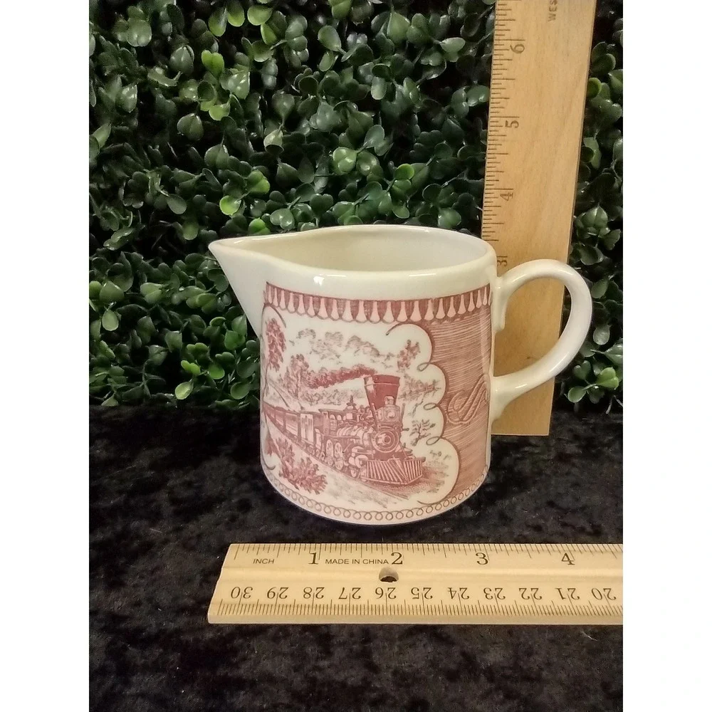 Vtg Mauve Red Transferware Creamer Locomotive Train Scene Unbranded Pink Rose